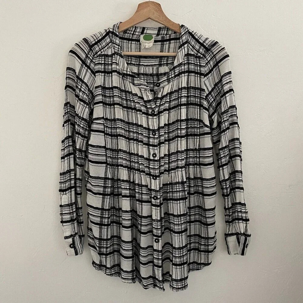 Anthropologie Top Women 4 Black White Plaid Tunic Shirt Button Up Wool Blend
